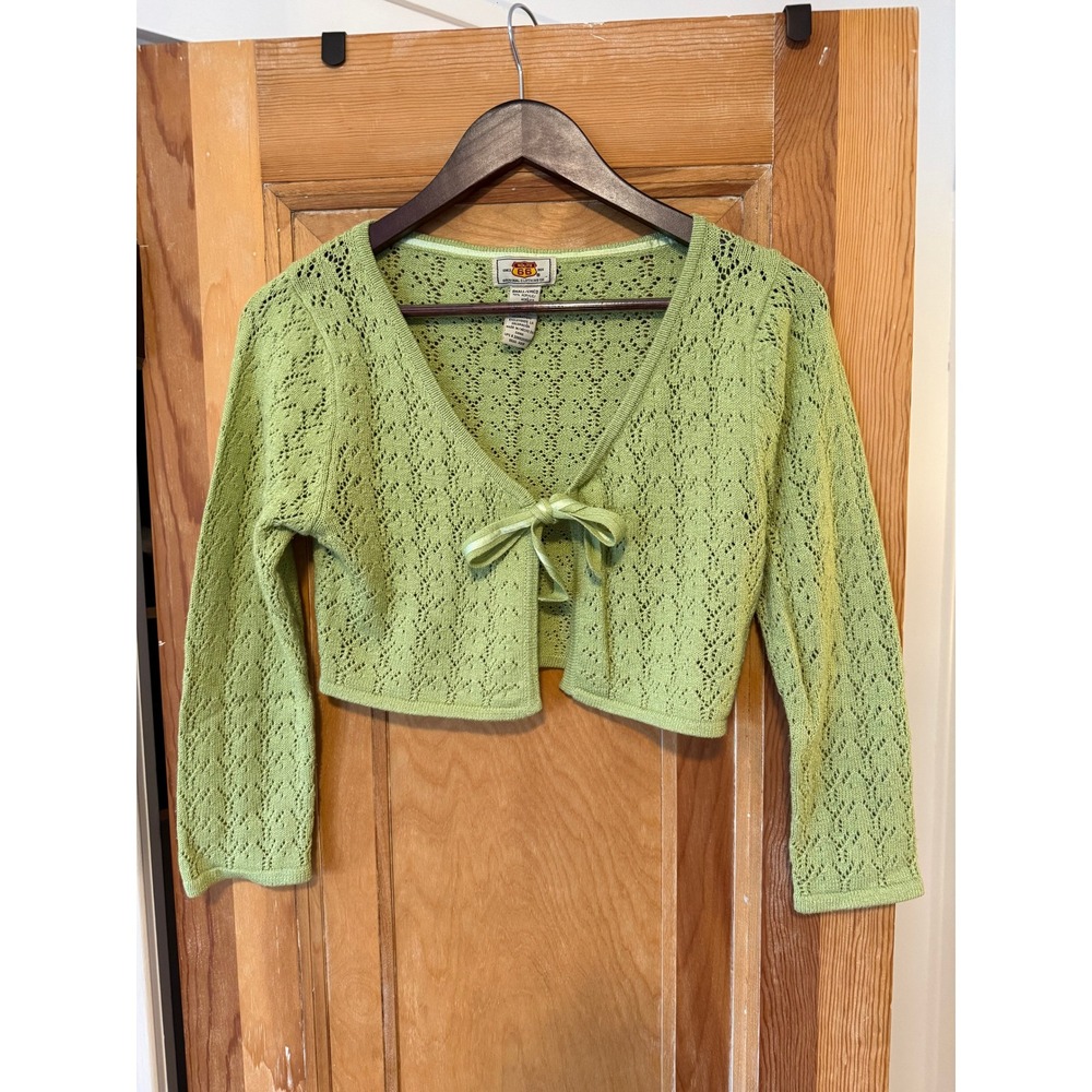 Route 66 Green Pointelle Knit Bolero Tie Front Cropped Cardigan Y2K Small